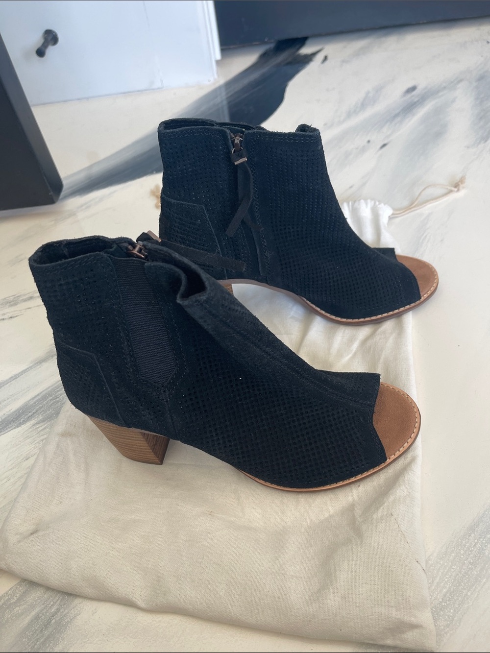 Toms Black Open-Toe Suede Ankle Booties with Brown Sole - Picture 3 of 3